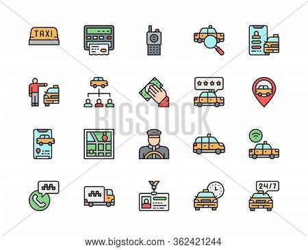 Set Of Taxi Flat Color Line Icons. Truck, Map Navigation, Carsharing And More.
