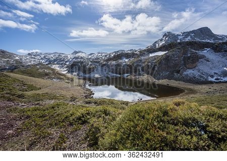 Laguna De Almagrera, Saliencia Lakes In The Somiedo Nature Park, Asturias, Spain. End Of Winter With
