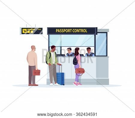 Queue To Passport Control Semi Flat Rgb Color Vector Illustration. Registration Desk In Airport Term