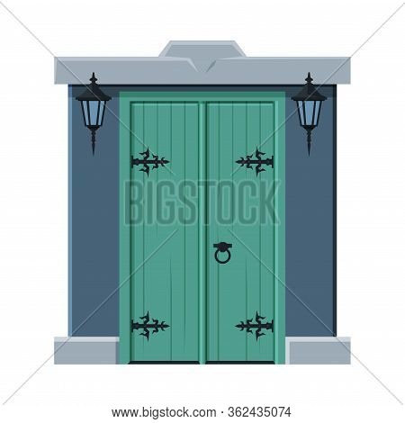 Old Double Green Door In Vintage Style, Architactural Design Element Vector Illustration