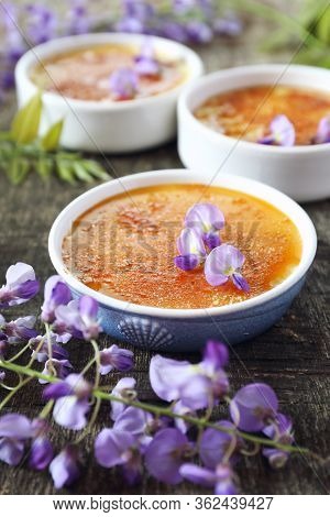 Creme Brulee, French Traditional Dessert, Three Portions, Flowering Purple Wisteria Dressing. Rustic