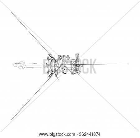 Communication Satellite Concept Outline. Vector Rendering Of 3d. Wire-frame Style. The Layers Of Vis
