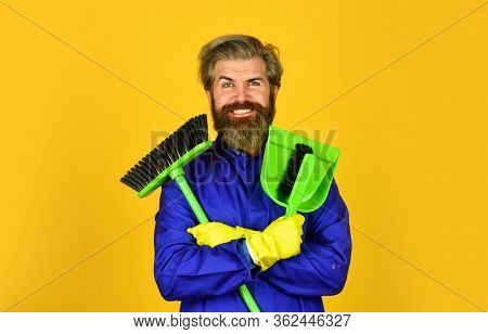 Cleaning Day. Cleaning Agency. Worker With Brush. Cleaning Equipment. Yardman Occupation. Garbage Re