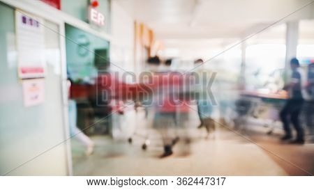 Motion Blur Stretcher Patient To Emergency Room In Hospital, Blurred Hospital Background, Unrecogniz