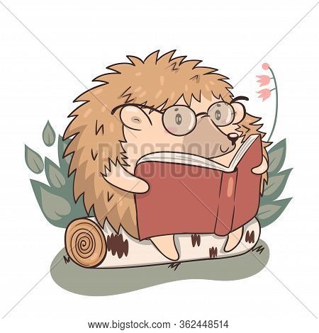 Hedgehog Reads Isolate On A White Background. Kawaii Character Hedgehog. Vector Image.