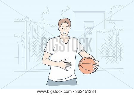 Man Playing Basketball Concept. Young Happy Man Boy Teenager Athlete Cartoon Character Standing With