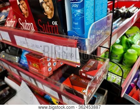Sutra Condom On A Minimarket Sale. This Condom Is Among The Most Popular In Indonesia, Bekasi, April