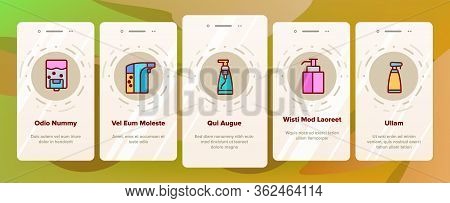 Soap Dispenser Tool Onboarding Icons Set Vector. Soap Dispenser Equipment Fow Wash Hand, Bottle For 