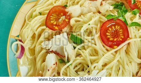 Cod Puttanesca With  Spaghetti,  Combined Spaghetti With White Fish And An Easy Puttanesca Sauce