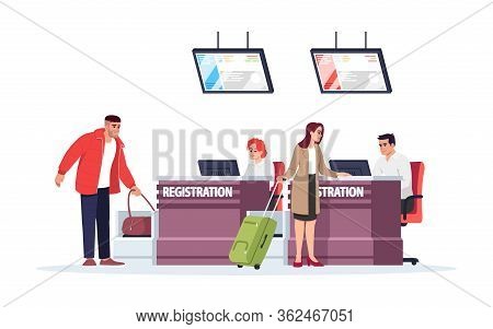 Airport Registration Desk Semi Flat Rgb Color Vector Illustration. Tourists Checkin Before Flight. S