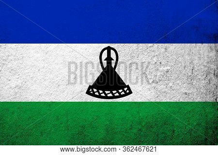 The Kingdom Of Lesotho National Flag. Grunge Background