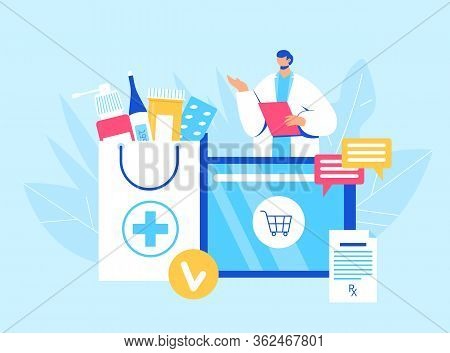 Online Pharmacy Concept. Pharmacist Helps To Collect An Order On The Site.