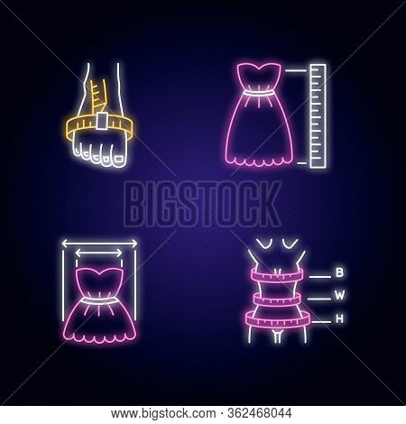 Female Clothing Size Measurements Neon Light Icons Set. Woman Body And Product Dimensions. Bespoke T