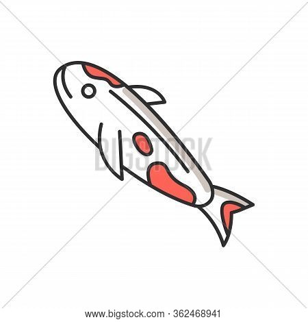 Koi Carp Rgb Color Icon. Japanese Fish As Luck Symbol. Exotic Chinese Goldfish. White Fish With Red 