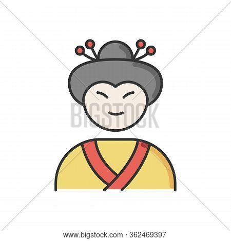 Geisha Rgb Color Icon. Japanese Woman In Asian Attire. Geiko In Costume With Traditional Hairstyle. 