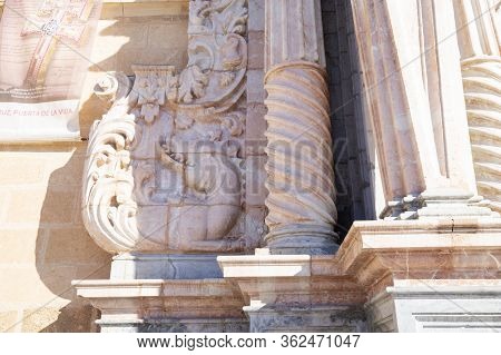 Caravaca De La Cruz, Murcia, Spain - November 17, 2017: Fragment Of The Main Facade Of The Basilica 