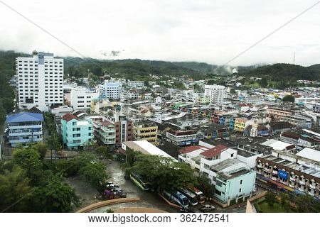 Aerial View Landscape And Cityscape With Traffic Road Of Betong Town In Southern Thai From Top Of Re