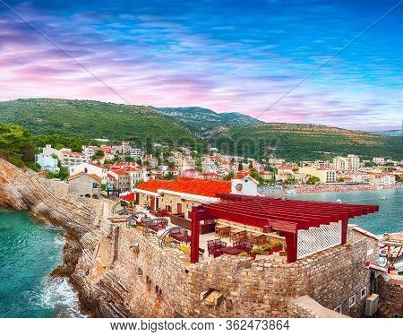 View Of The Cliffs From Castello Fortress In Petrovac. Location: Petrovac Town, Montenegro, Balkans,