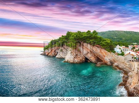 View Of The Cliffs From Castello Fortress In Petrovac. Location: Petrovac Town, Montenegro, Balkans,
