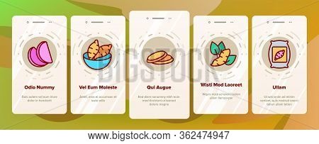 Sweet Potato Batata Onboarding Icons Set Vector. Fried And Boiled Sweet Potato, Sliced And Fresh Veg