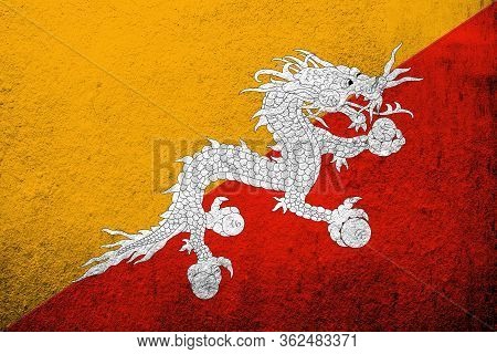 Kingdom Of Bhutan National Flag With Druk. Grunge Background