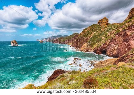 Fantastic Spring View Of Ancient Ruins Of Laveria Lamarmora (miniera Di Nebida) And Nebida Coast. St