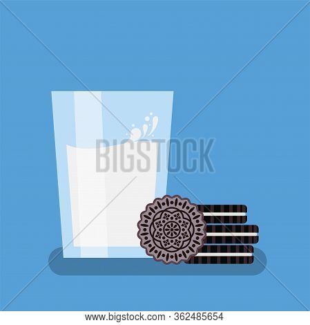 Vector Breakfast Illustration, Oreo Cookies, Glass Of Milk With Milk Splash And Drops On Blue Backgr