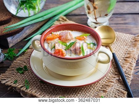 Kalakeitto. Creamy Soup With Salmon, Potatoes, Onions And Carrots And  In A Bowl. Finnish/ Karelian 