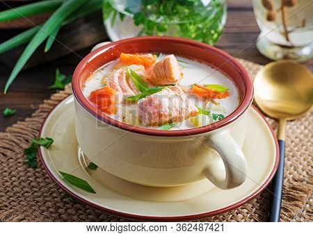 Kalakeitto. Creamy Soup With Salmon, Potatoes, Onions And Carrots And  In A Bowl. Finnish/ Karelian 