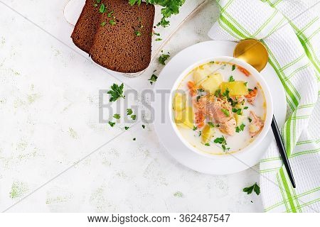 Kalakeitto. Creamy Soup With Salmon, Potatoes, Onions And Carrots And  In A Bowl. Finnish/ Karelian 