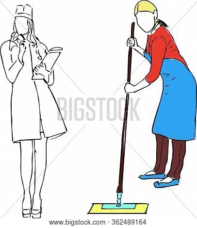 Vector Illustration Of People Professions Two Girls, Cleaner And A Nurse. Realistic Full Length Hand