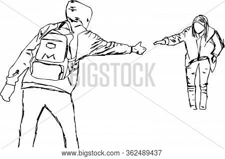 Sketch Of People, Vector Illustration, Hand Drawing. Outline Man And Woman Stretch Hands Each Other 