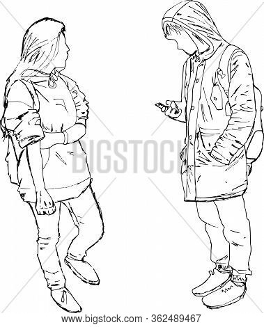 Sketch Of People, Vector Illustration, Hand Drawing. Outline Man And Woman Stand In Profile Facing E