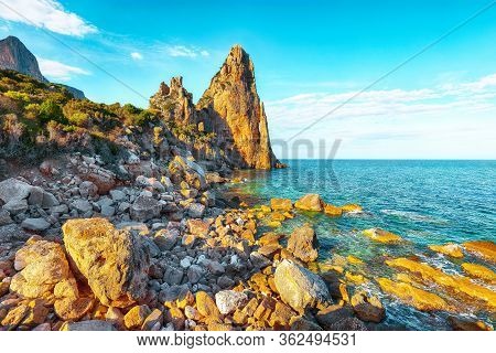 Spectacular View Of Punta Pedra Longa And Azure Water In Sea. Location: Baunei, Province Of Nuoro, S
