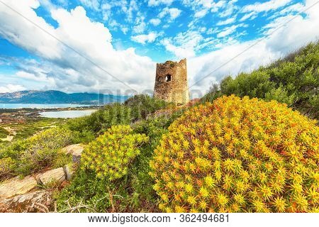 Fantastic View On Lagoon Of Porto Giunco With Turquoise Water And Old Tower. Location: Villasimius, 