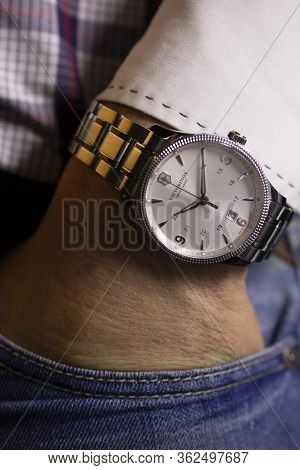 Ibach, Switzerland 31.03.2020 - Closeup Fashion Image Of Victorinox Watch On Wrist Of Man: Mans Hand