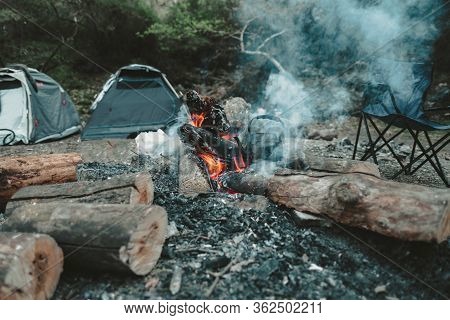 Small Camp With Smoke From Campfire By Waterfall In Eksili, Antalya, Turkey.