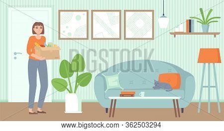 Girl Unboxing Food Package. Contactless Delivery, Online Ordering Concept. Stock Vector Illustration