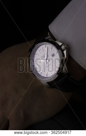 Saint-imier, Switzerland 31.03.2020 - Closeup Fashion Image Of Longines Watch On Wrist Of Man: Mans 