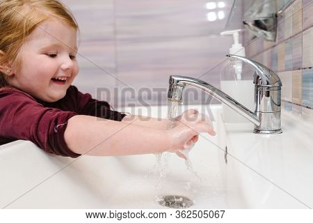 Washing Hands And Hygiene. Prevention Of Coronavirus, Flu Disease. Child, Kid Wash Hands With Antiba