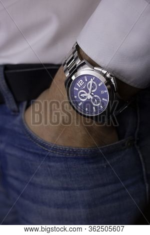 Saint-imier, Switzerland 31.03.2020 - Closeup Fashion Image Of Longines Watch On Wrist Of Man: Mans 