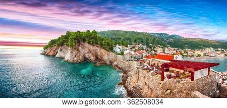 View Of The Cliffs From Castello Fortress In Petrovac. Location: Petrovac Town, Montenegro, Balkans,