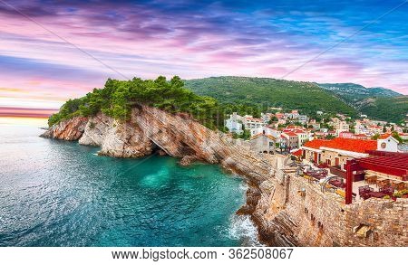 View Of The Cliffs From Castello Fortress In Petrovac. Location: Petrovac Town, Montenegro, Balkans,