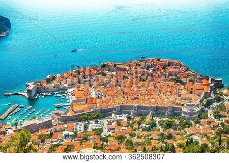 Aerial Panoramic View Of The Old Town Of Dubrovnik From Srd Mountain On A Sunny Day. Location:  Dubr