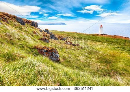 Stunning View Of Skarsviti Lighthouse In Vatnsnes Peninsula On A Clear Day In North Iceland. Locatio