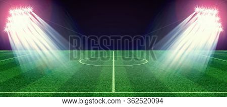 Football Stadium With White Lines Marking The Pitch. Perspective Of Football Field. Ragby Football F