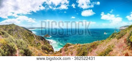 Astonishing Spring View Of Nebida And Fontanamare Coastline With Scoglio Il Morto And Turquoise Sea.