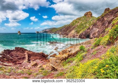 Fantastic Spring View Of Ancient Ruins Of Laveria Lamarmora (miniera Di Nebida) And Nebida Coast. St