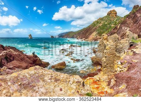 Fantastic Spring View Of Ancient Ruins Of Laveria Lamarmora (miniera Di Nebida) And Nebida Coast. St
