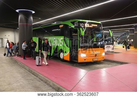 Wroclaw, Poland - May 11, 2018: People Board Flixbus Bus Line In Wroclaw, Poland. Flixbus Is A Large